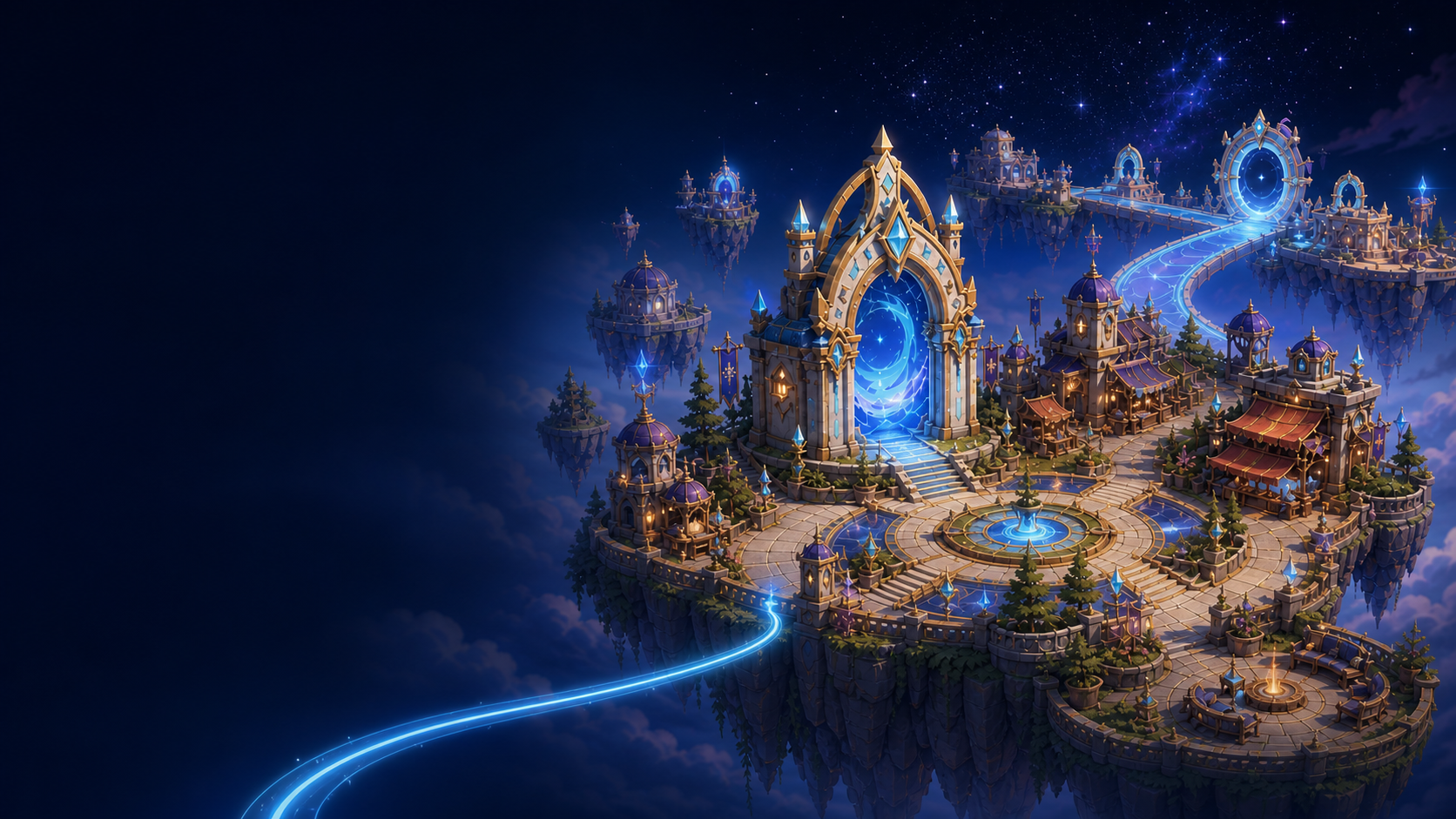 A floating celestial city connected by glowing paths and blue portals